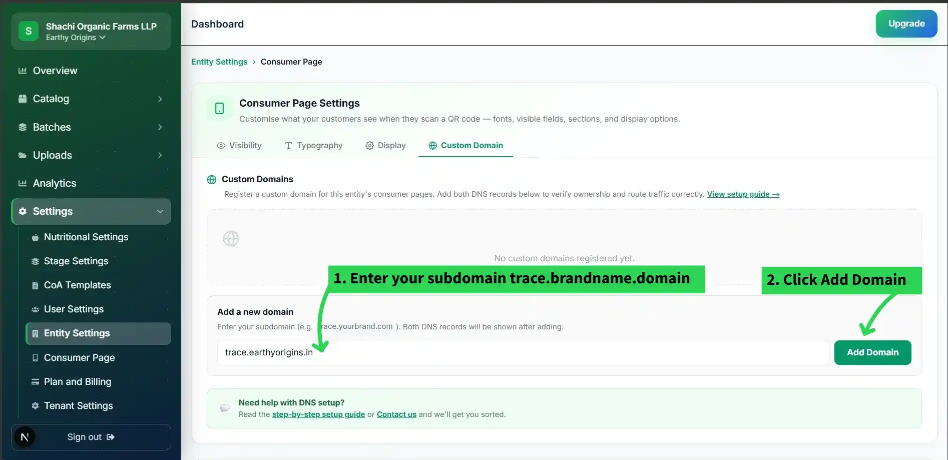 Add domain input field with 'Add Domain' button